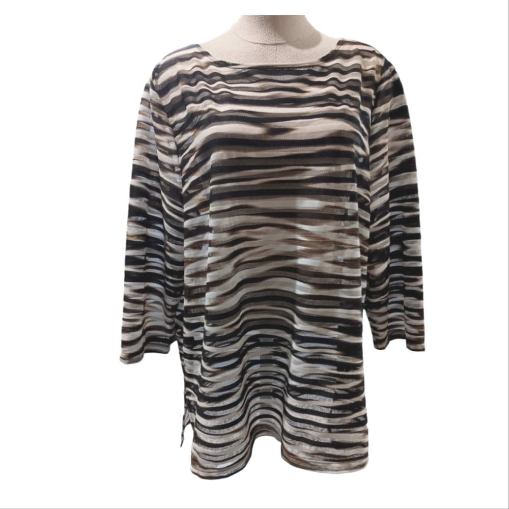 Chico's Travelers Collection Sheer Brown/White Striped Top Size 3 (US Si…